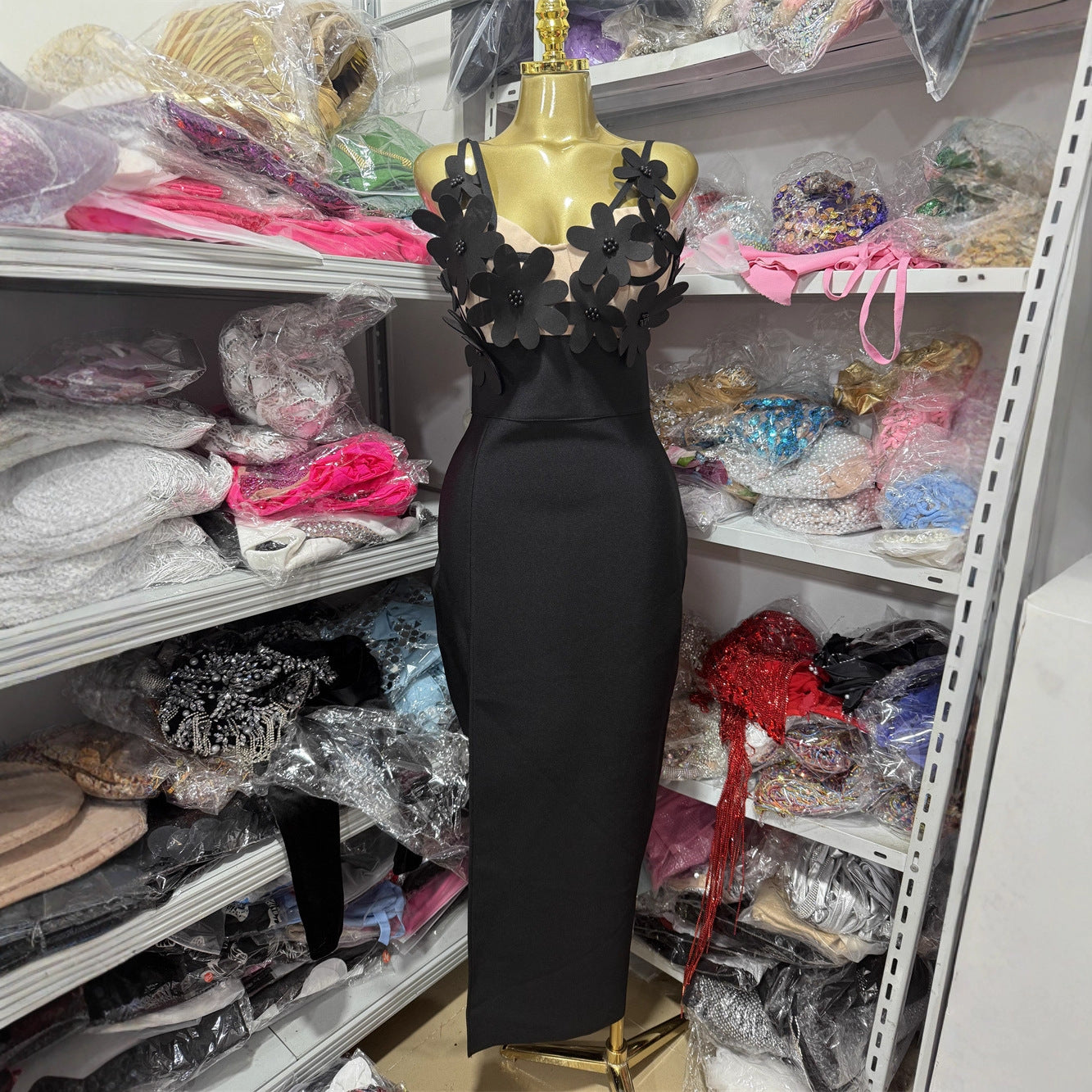 Black 3D Floral Applique Mesh Top Spaghetti Strap Long Evening Gown