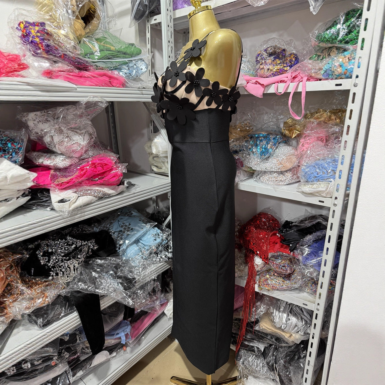 Black 3D Floral Applique Mesh Top Spaghetti Strap Long Evening Gown