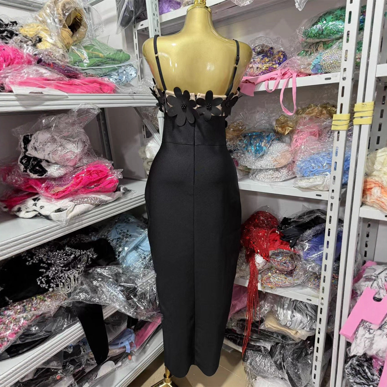 Black 3D Floral Applique Mesh Top Spaghetti Strap Long Evening Gown