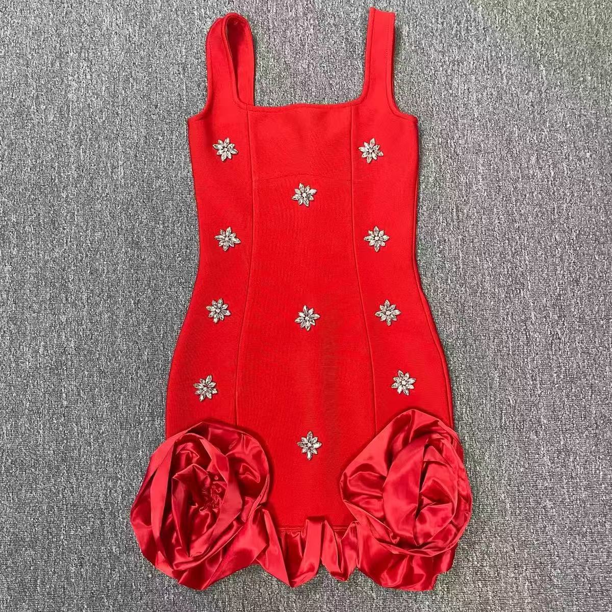 Blue Rhinestone Ruffle Hem Mini Dress