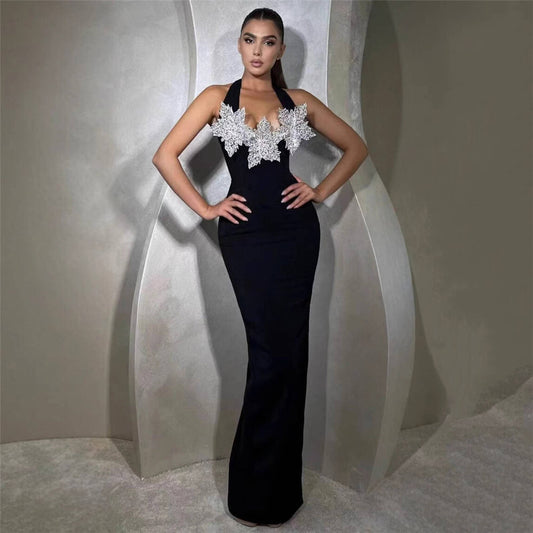 Black Halter Maxi Long Formal Bodycon Dress With Silver Rhinestone Floral