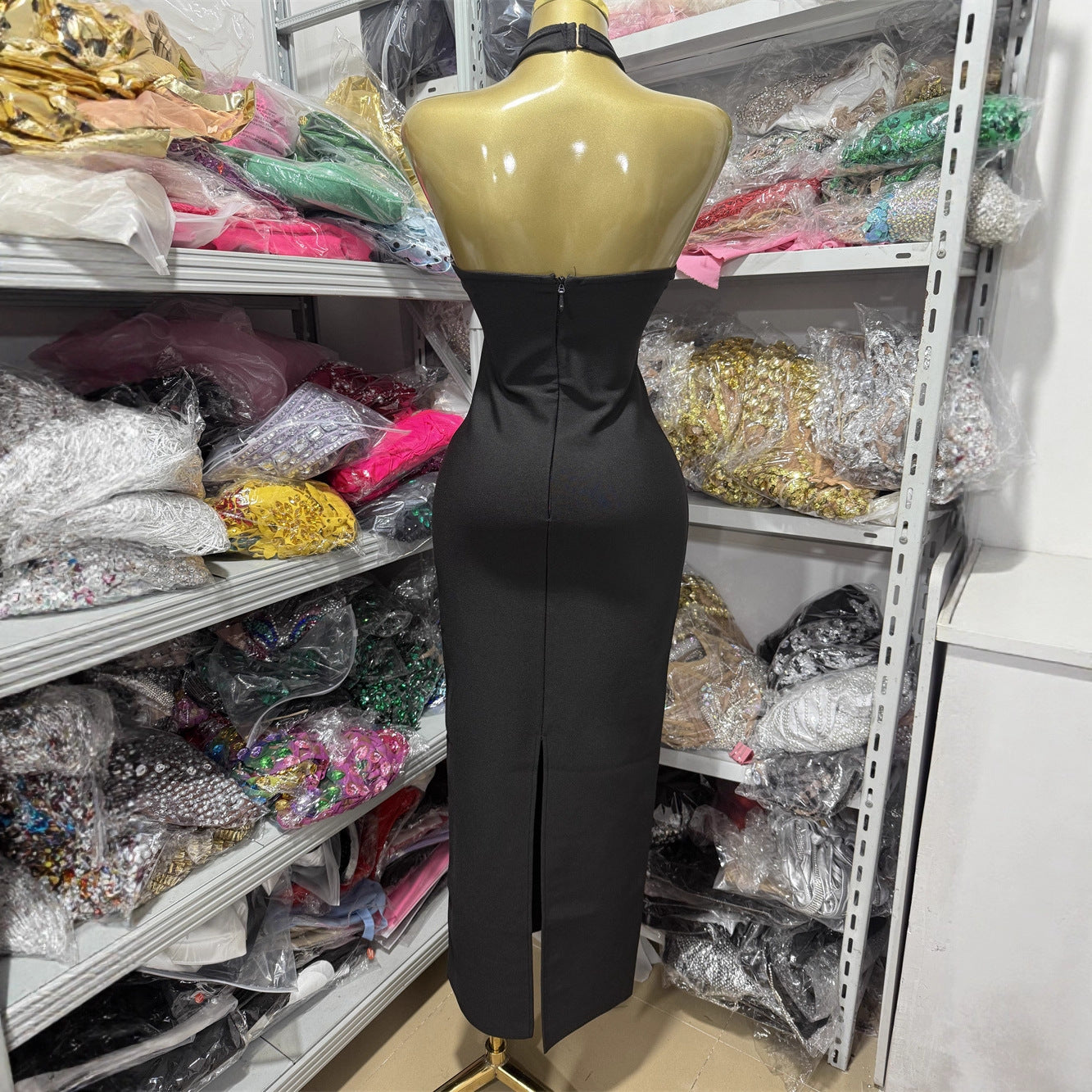 Black Halter Maxi Long Formal Bodycon Dress With Silver Rhinestone Floral