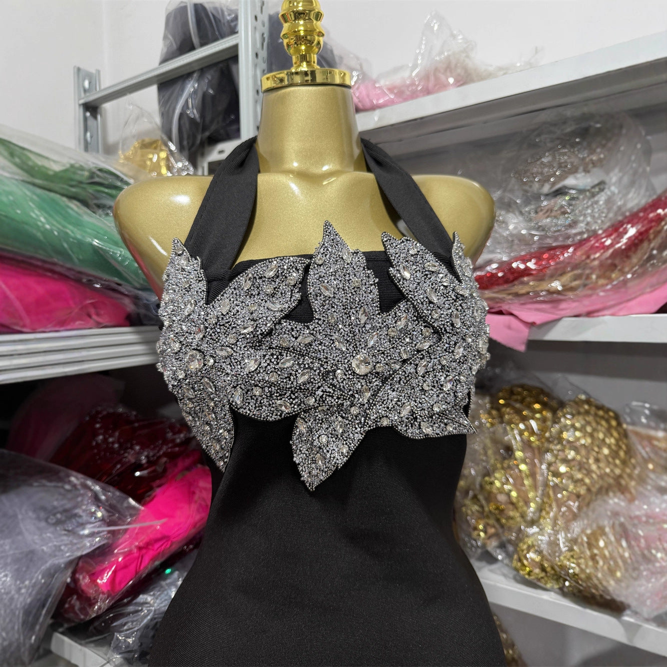 Black Halter Maxi Long Formal Bodycon Dress With Silver Rhinestone Floral