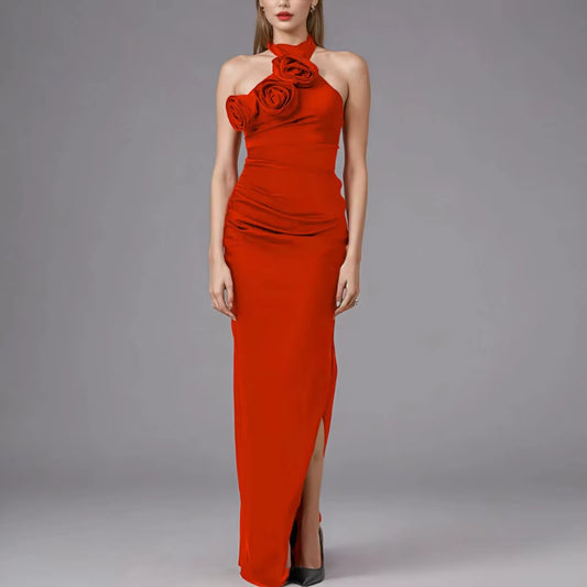 2025 Womens Fashion Clothes Luxury Women Gowns Evening Dresses Red Halter Slit Formal Party Long Bodycon Flower Dress