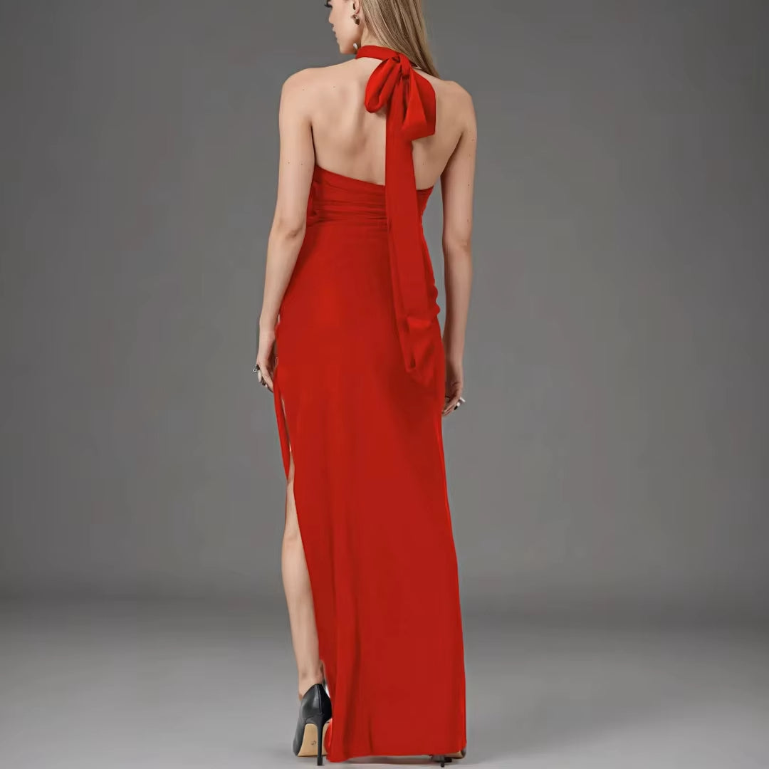 2025 Womens Fashion Clothes Luxury Women Gowns Evening Dresses Red Halter Slit Formal Party Long Bodycon Flower Dress