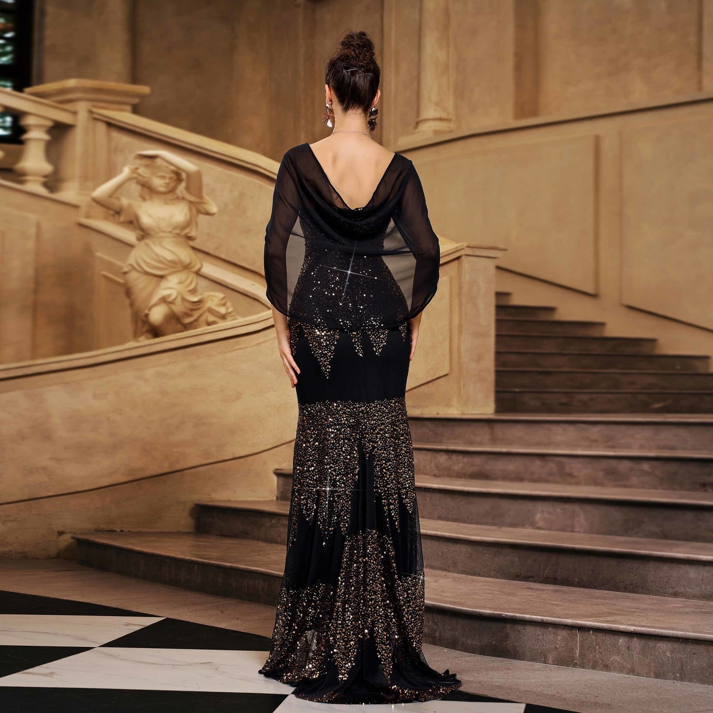 Black Sequin High Slit Maxi Dresses With Cape Sleeves