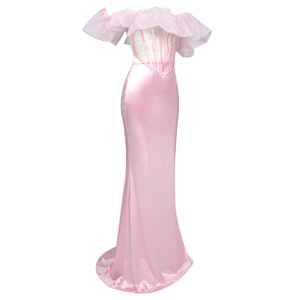 Women Elegant Pink Satin Off the Shoulder Mermaid Evening Dresses Organza Two Piece Set Party Wear Formal Gown for Wedding Party