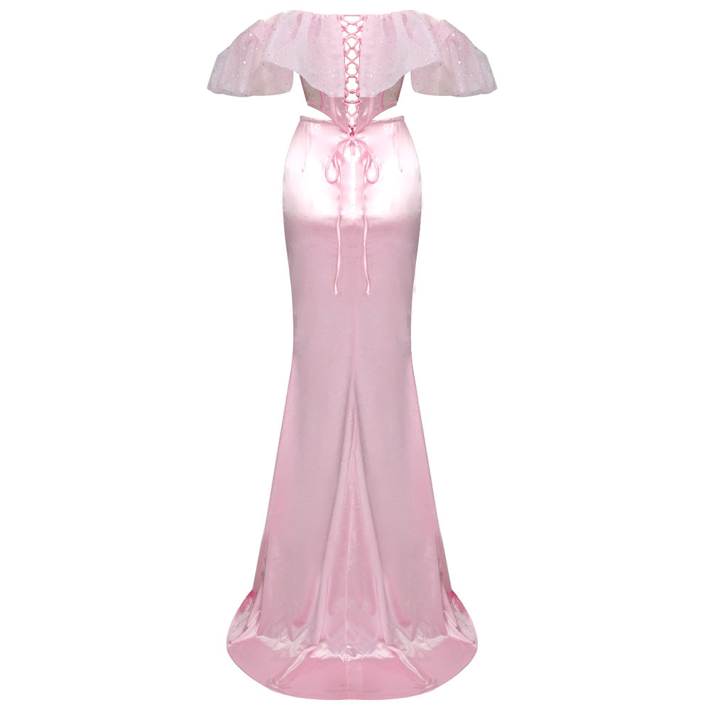Women Elegant Pink Satin Off the Shoulder Mermaid Evening Dresses Organza Two Piece Set Party Wear Formal Gown for Wedding Party