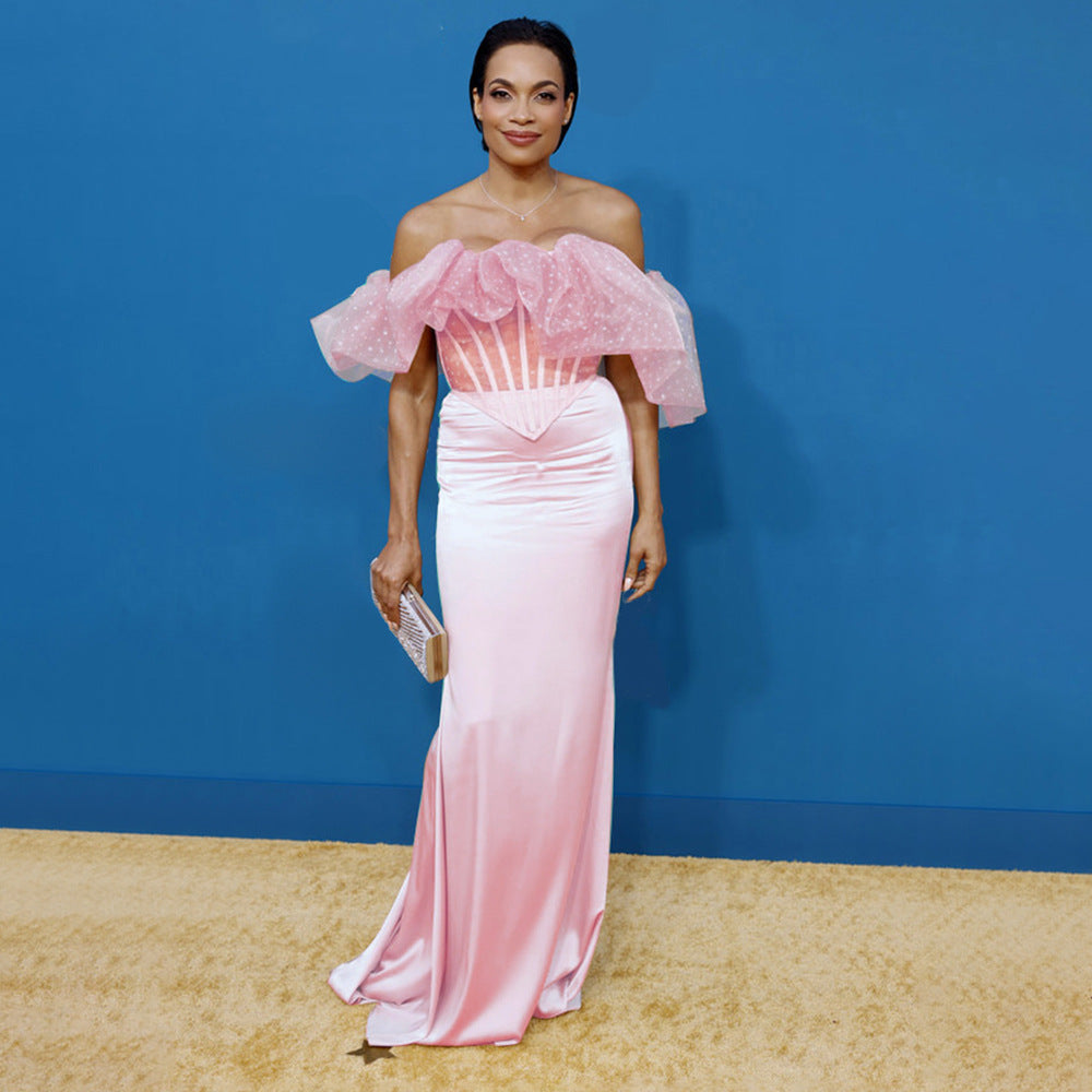 Women Elegant Pink Satin Off the Shoulder Mermaid Evening Dresses Organza Two Piece Set Party Wear Formal Gown for Wedding Party