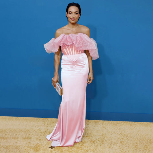 Women Elegant Pink Satin Off the Shoulder Mermaid Evening Dresses Organza Two Piece Set Party Wear Formal Gown for Wedding Party