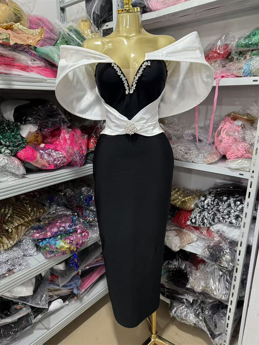 Black and White Off Shoulder Midi Bandage Dress