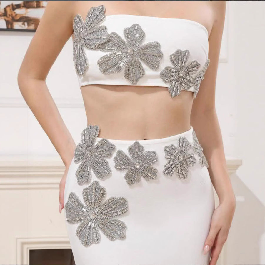 New Trendy Clothes 2025 Elegant White Strapless Two Piece Set Silver Rhinestone Flower Party Evening Mini Skirt Outfit for Women