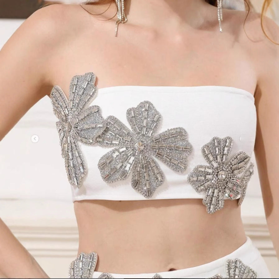 New Trendy Clothes 2025 Elegant White Strapless Two Piece Set Silver Rhinestone Flower Party Evening Mini Skirt Outfit for Women