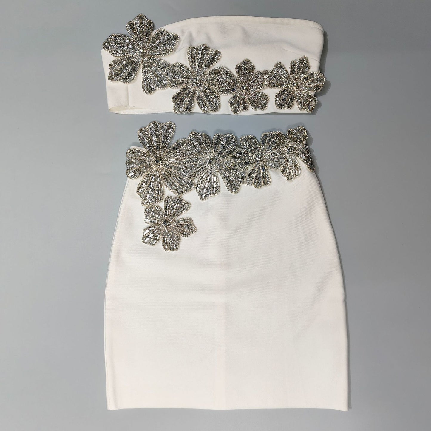 New Trendy Clothes 2025 Elegant White Strapless Two Piece Set Silver Rhinestone Flower Party Evening Mini Skirt Outfit for Women