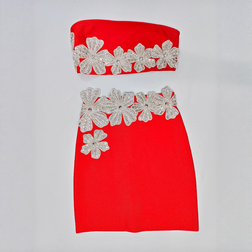 New Trendy Clothes 2025 Elegant White Strapless Two Piece Set Silver Rhinestone Flower Party Evening Mini Skirt Outfit for Women