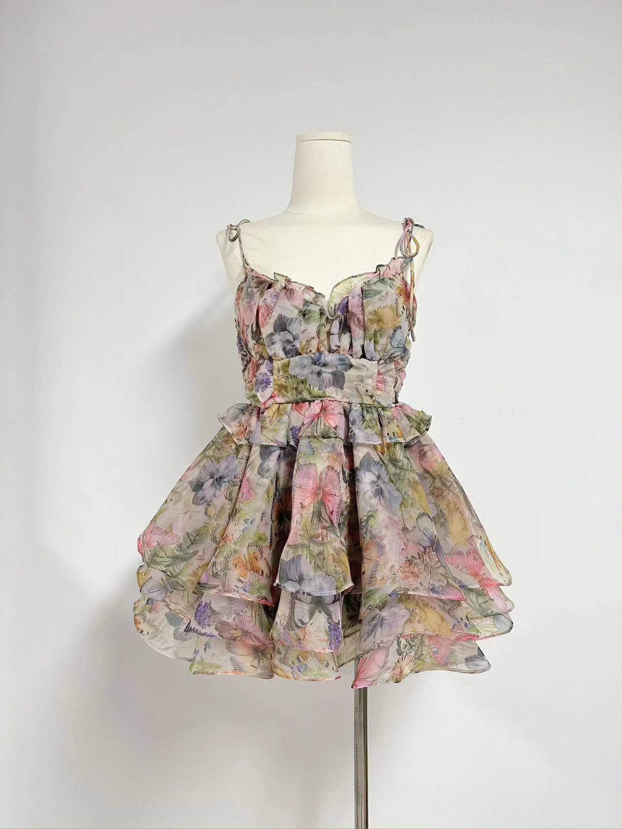 Lace-up Floral Print Mini Dress