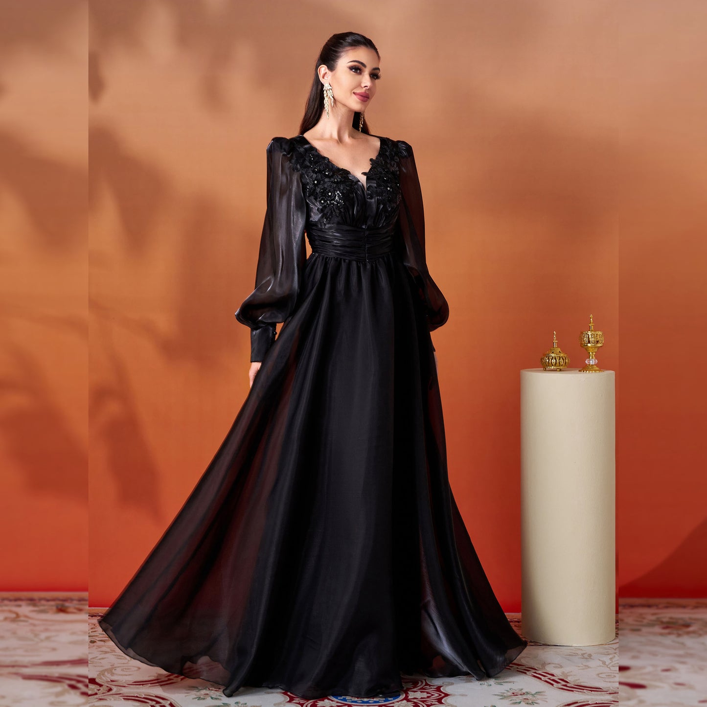 Long Sleeve V Neck Formal Gown