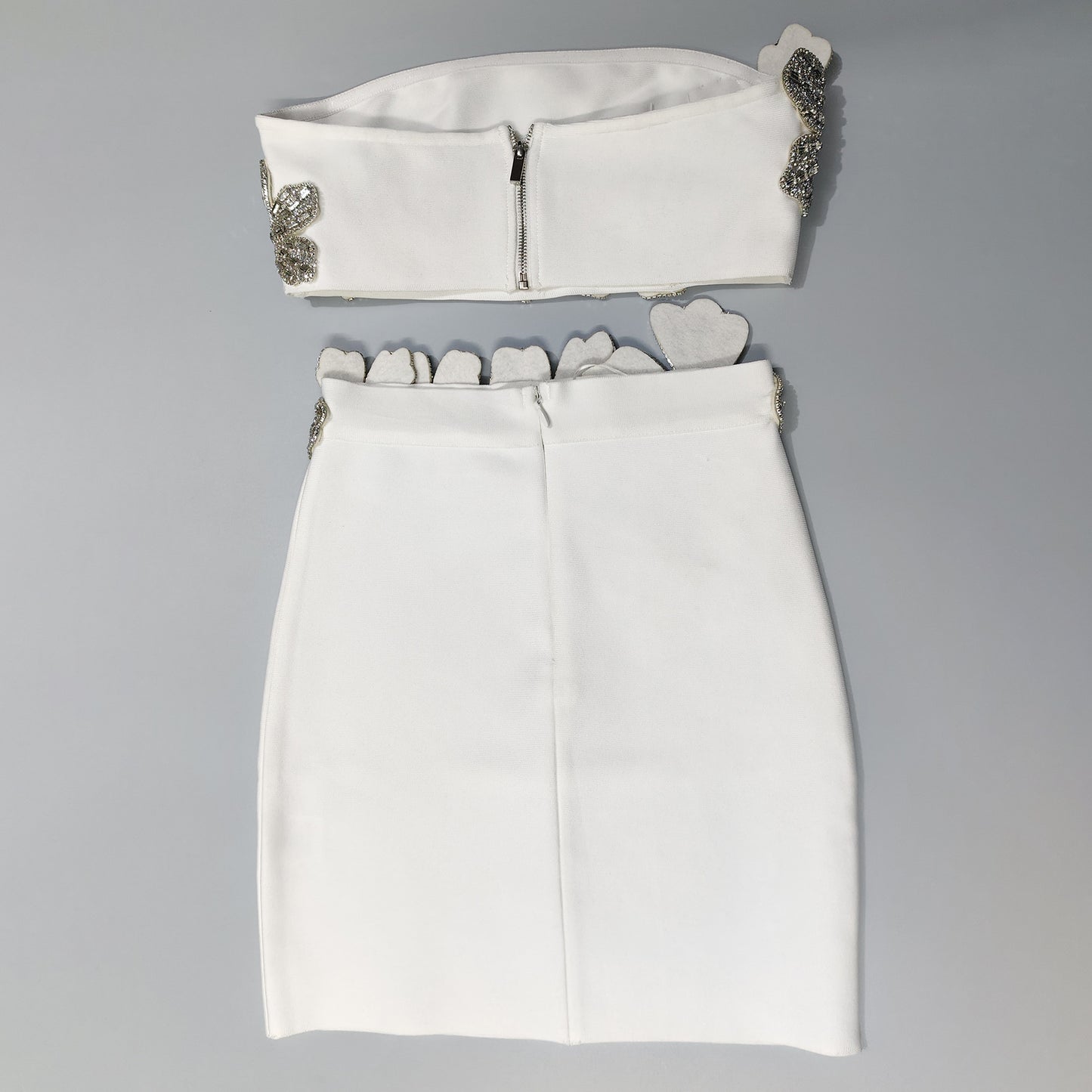 New Trendy Clothes 2025 Elegant White Strapless Two Piece Set Silver Rhinestone Flower Party Evening Mini Skirt Outfit for Women