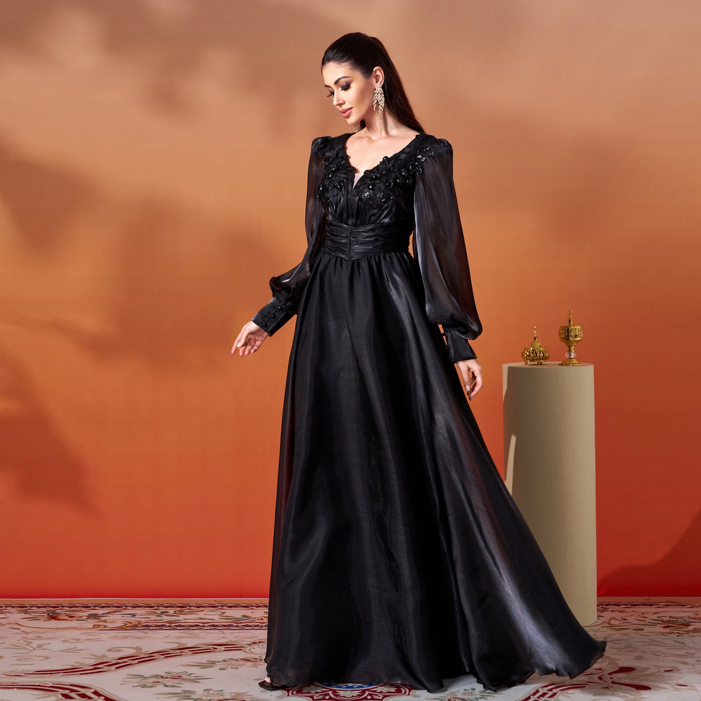 Long Sleeve V Neck Formal Gown