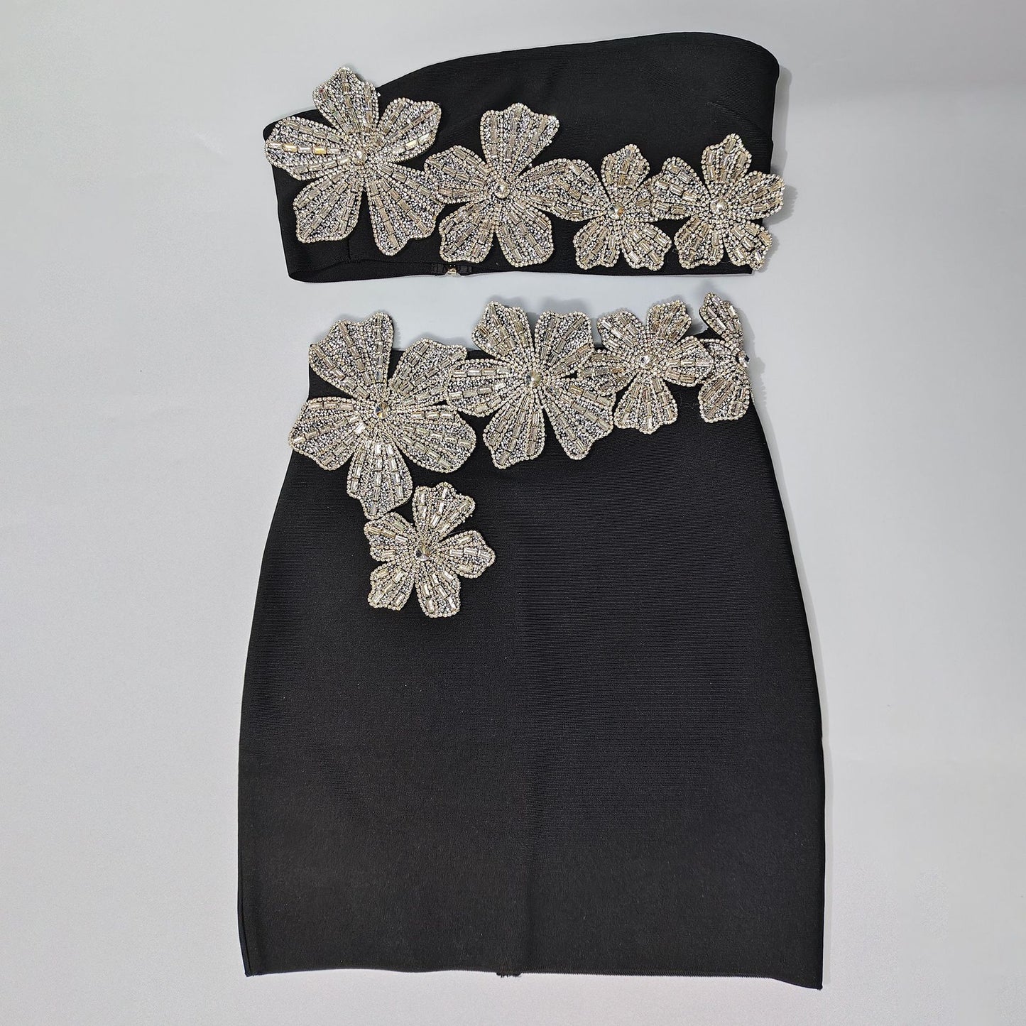 New Trendy Clothes 2025 Elegant White Strapless Two Piece Set Silver Rhinestone Flower Party Evening Mini Skirt Outfit for Women