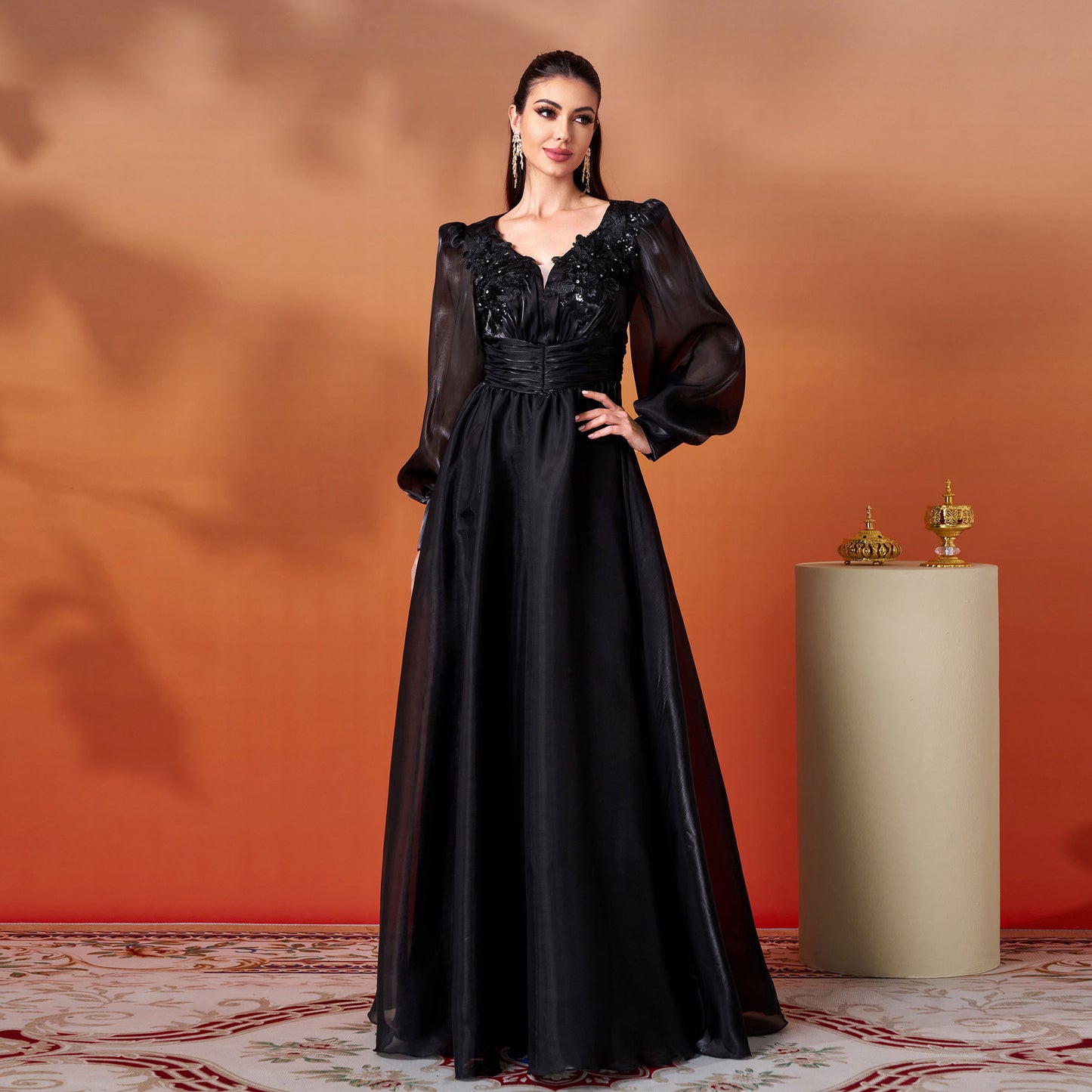 Long Sleeve V Neck Formal Gown