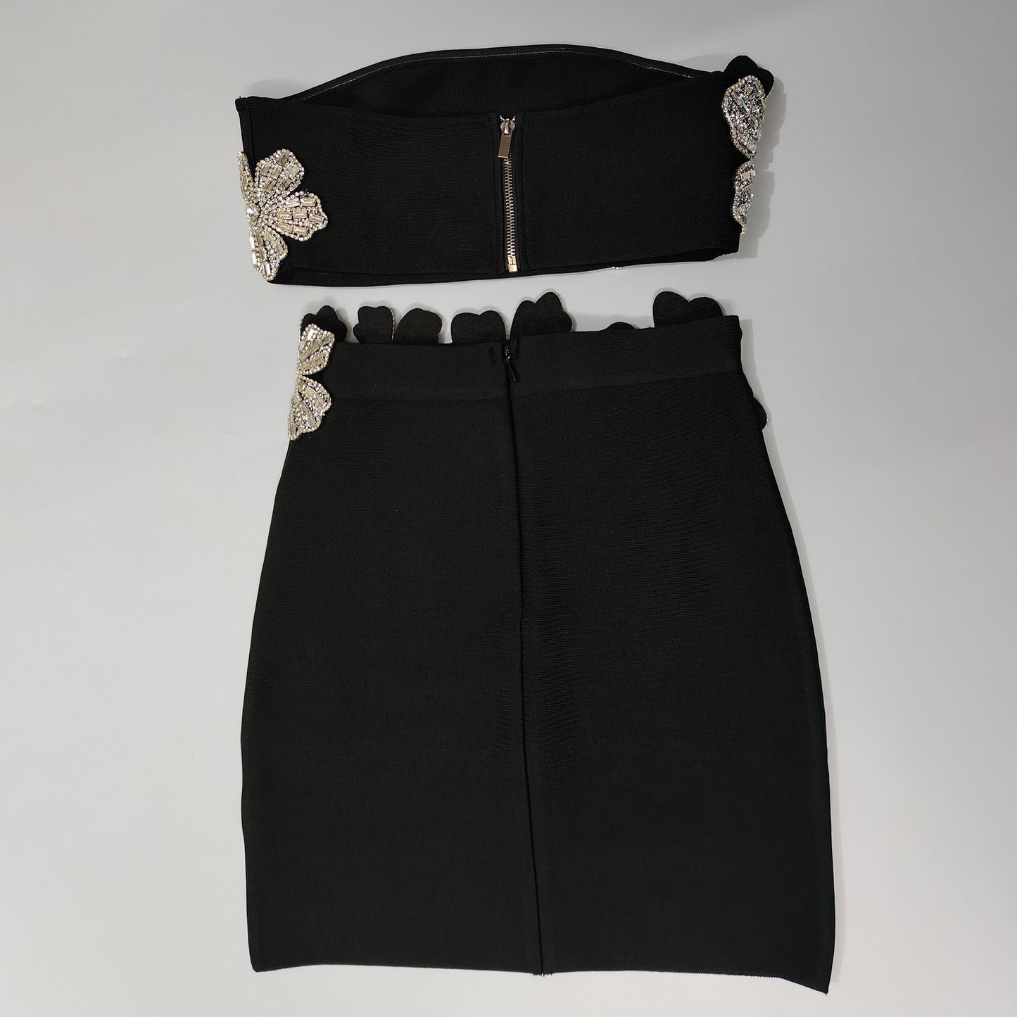 New Trendy Clothes 2025 Elegant White Strapless Two Piece Set Silver Rhinestone Flower Party Evening Mini Skirt Outfit for Women