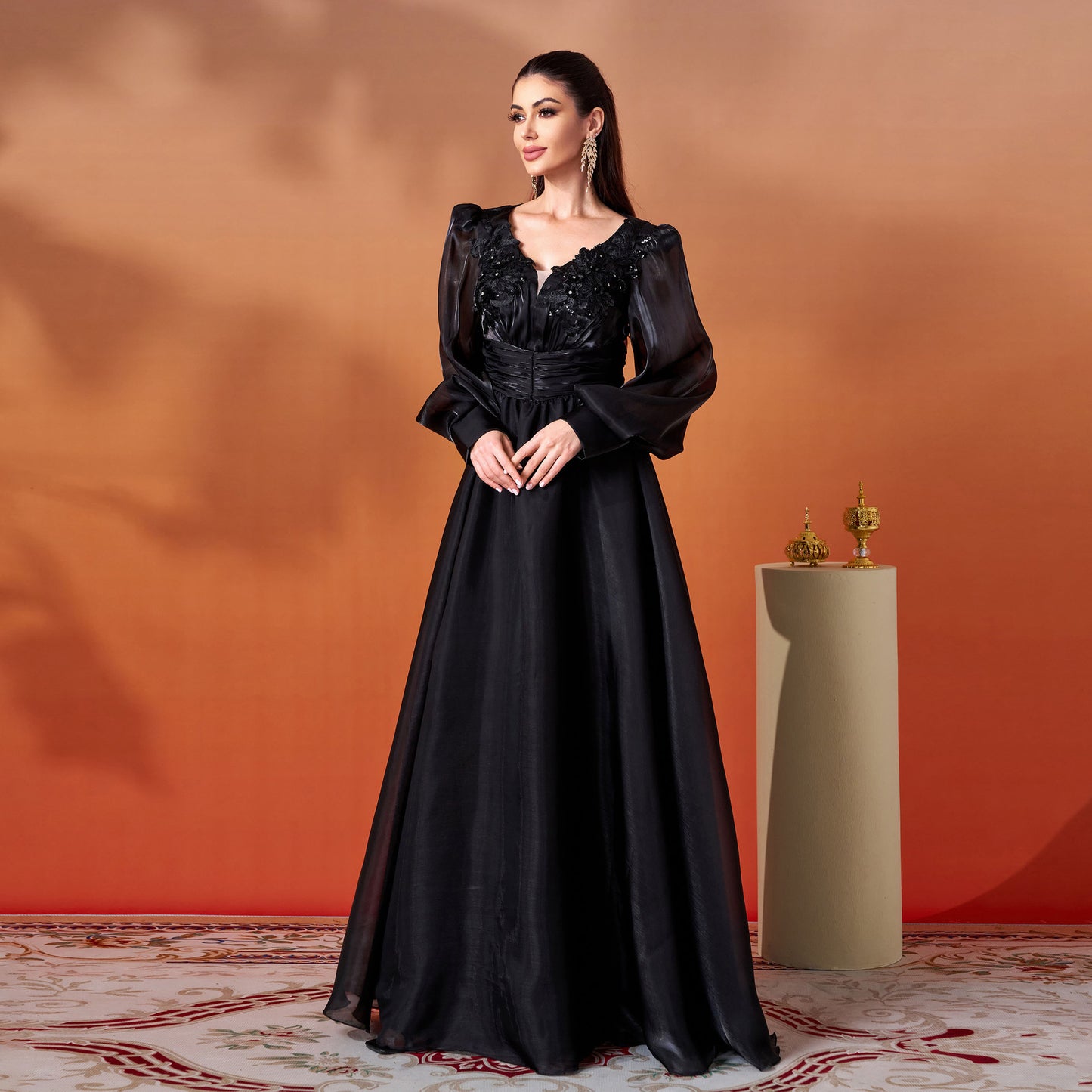 Long Sleeve V Neck Formal Gown