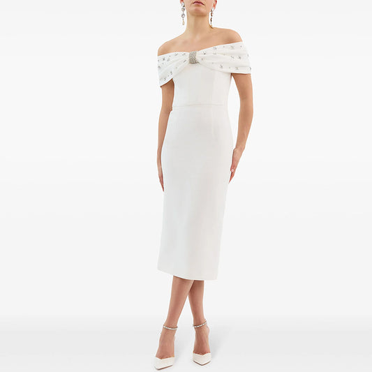 Wholesale Womens Clothing Luxury White Midi Evening Dresses Women Off the Shoulder Rhinestone Bow Elegant Party Formal Gown