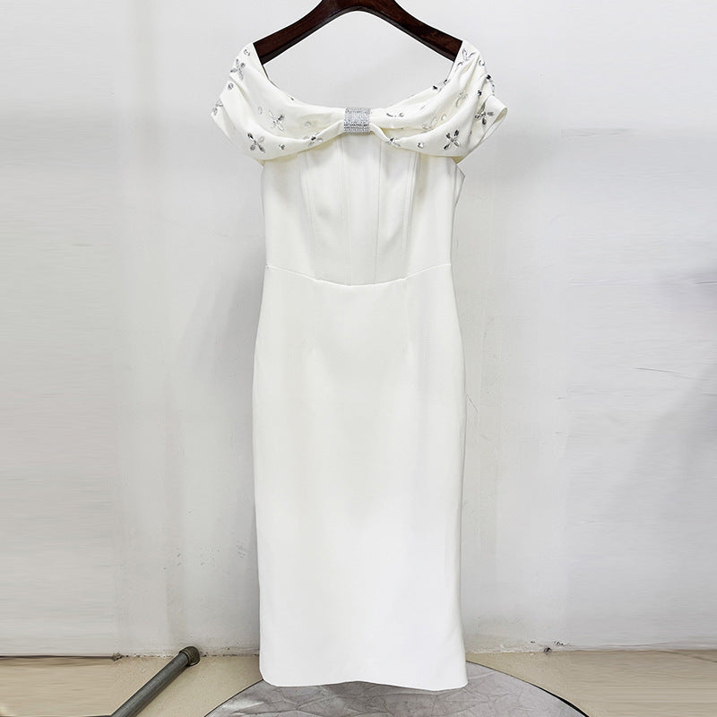 Wholesale Womens Clothing Luxury White Midi Evening Dresses Women Off the Shoulder Rhinestone Bow Elegant Party Formal Gown