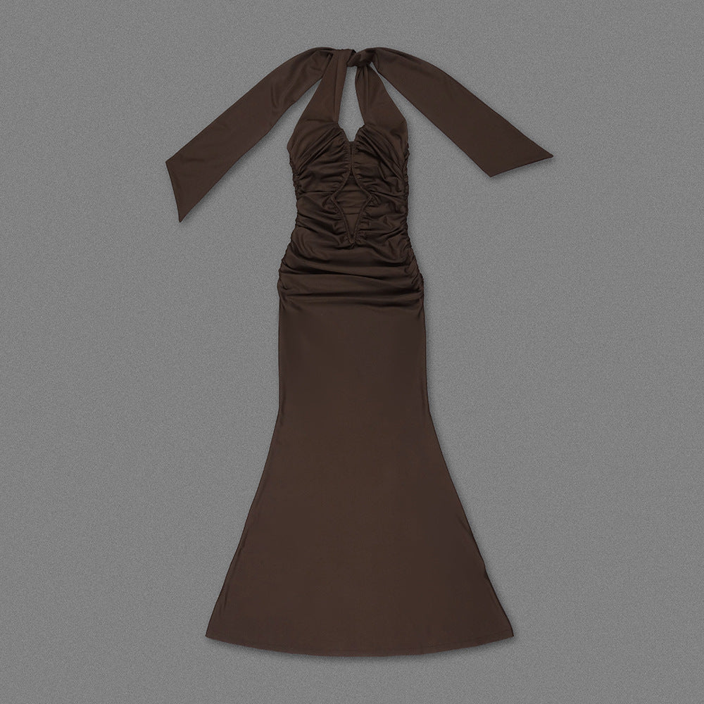 Coffee Halter Cutout Ruched Maxi Dress