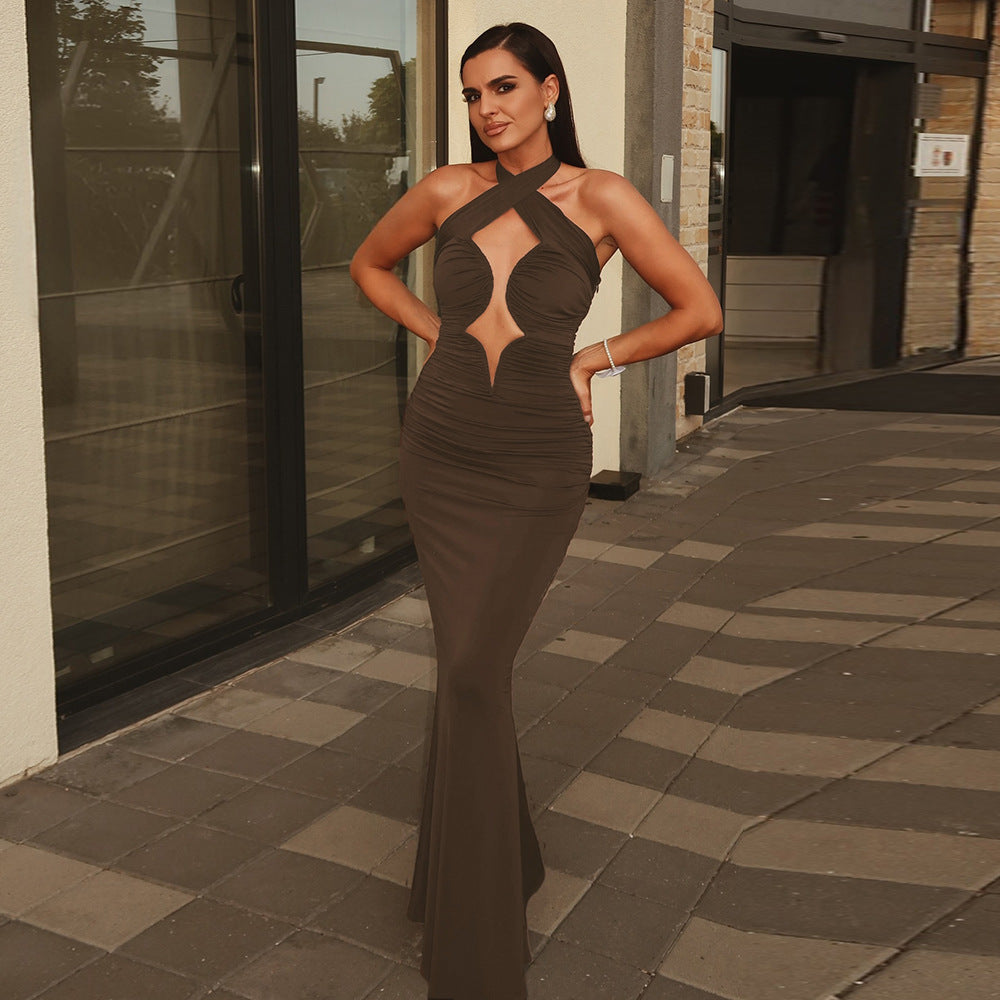 Coffee Halter Cutout Ruched Maxi Dress