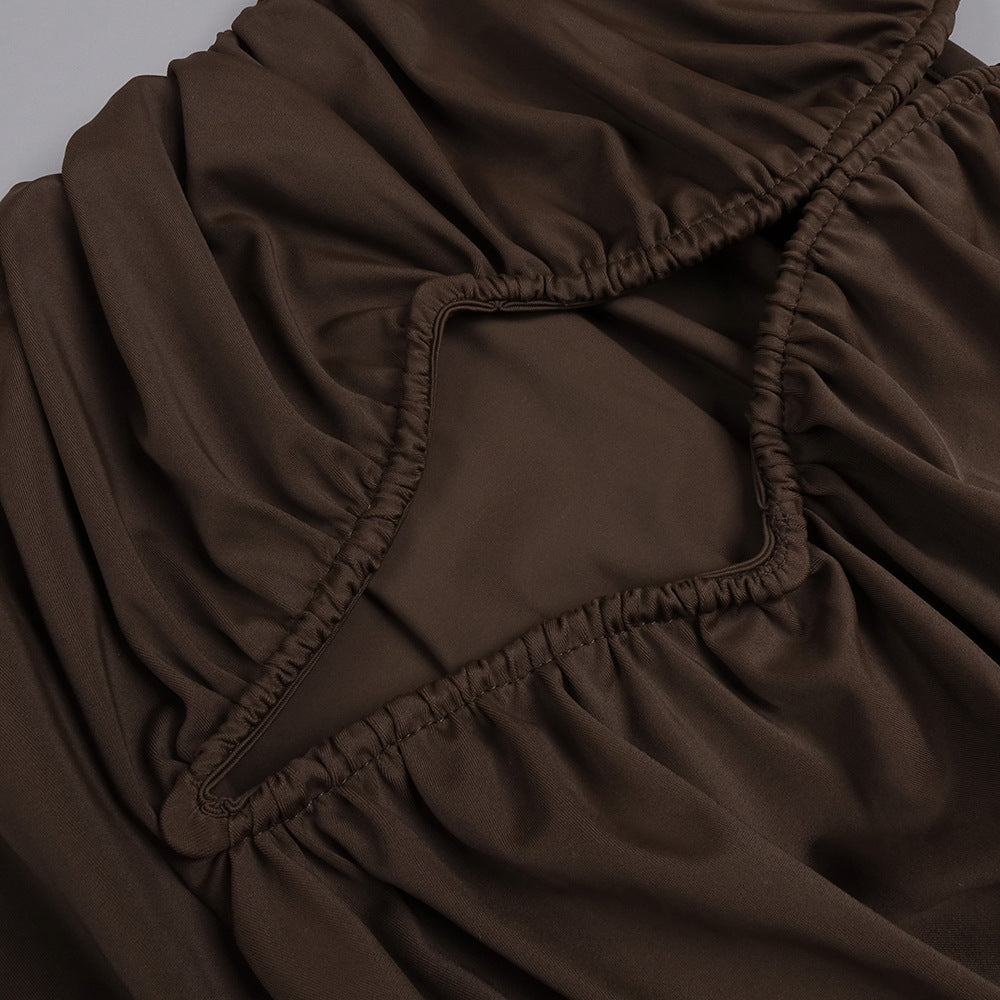 Coffee Halter Cutout Ruched Maxi Dress