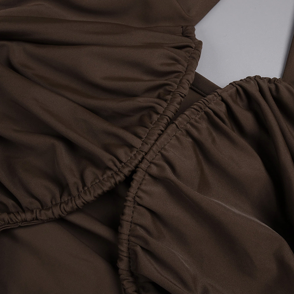 Coffee Halter Cutout Ruched Maxi Dress