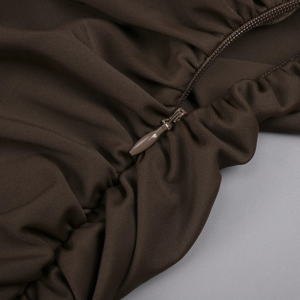 Coffee Halter Cutout Ruched Maxi Dress