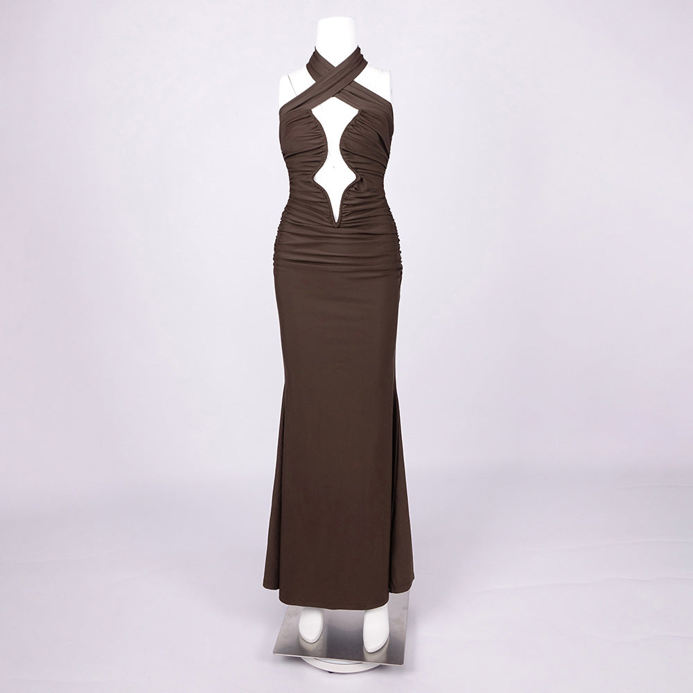 Coffee Halter Cutout Ruched Maxi Dress