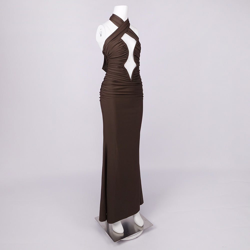 Coffee Halter Cutout Ruched Maxi Dress