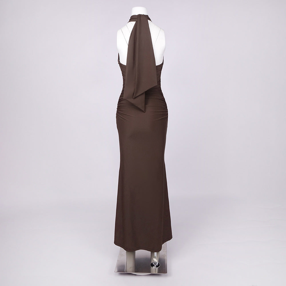 Coffee Halter Cutout Ruched Maxi Dress