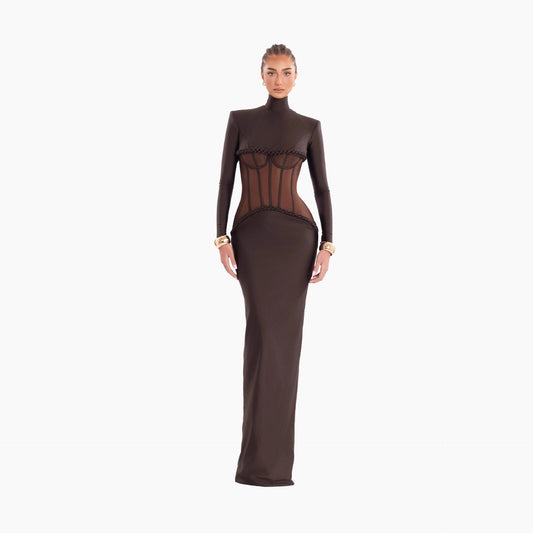 Brown High Neck Bodycon Corset Maxi Party Dress