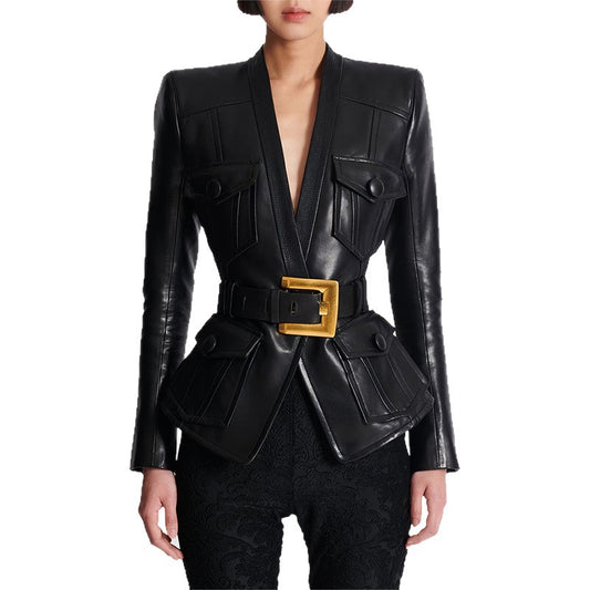 Multiple Pockets Gold Buckle Belted Leather Jacket