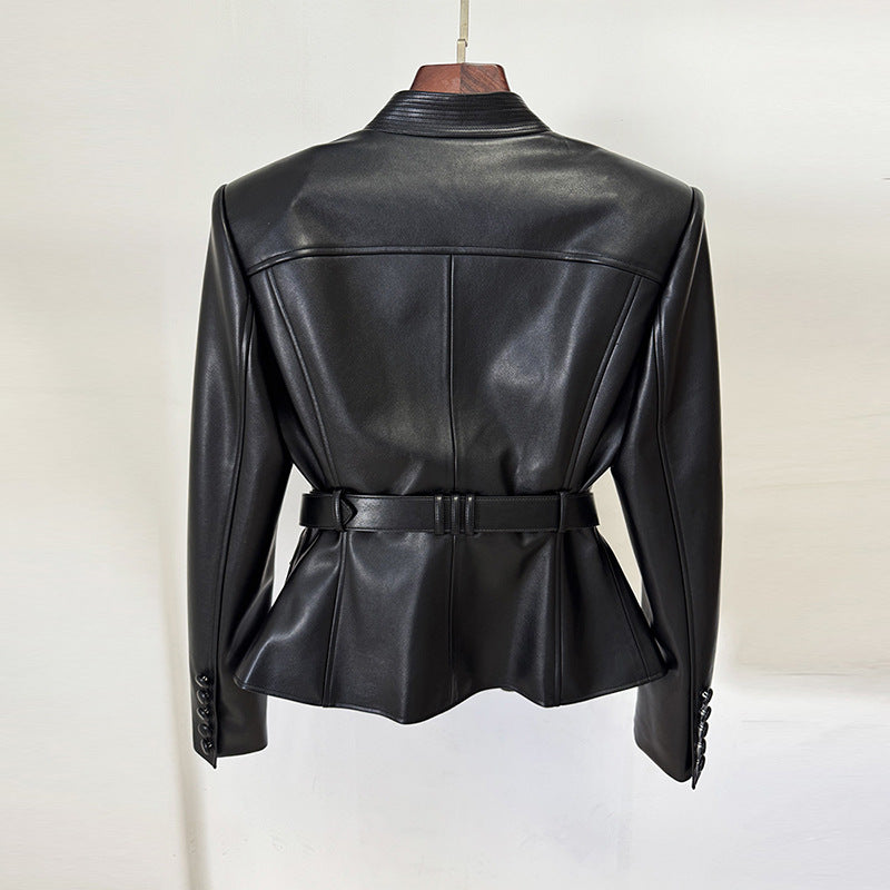 Multiple Pockets Gold Buckle Belted Leather Jacket