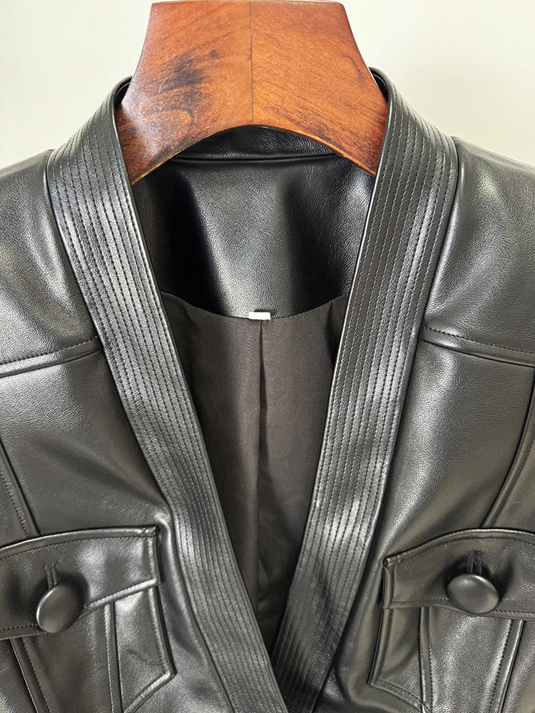Multiple Pockets Gold Buckle Belted Leather Jacket