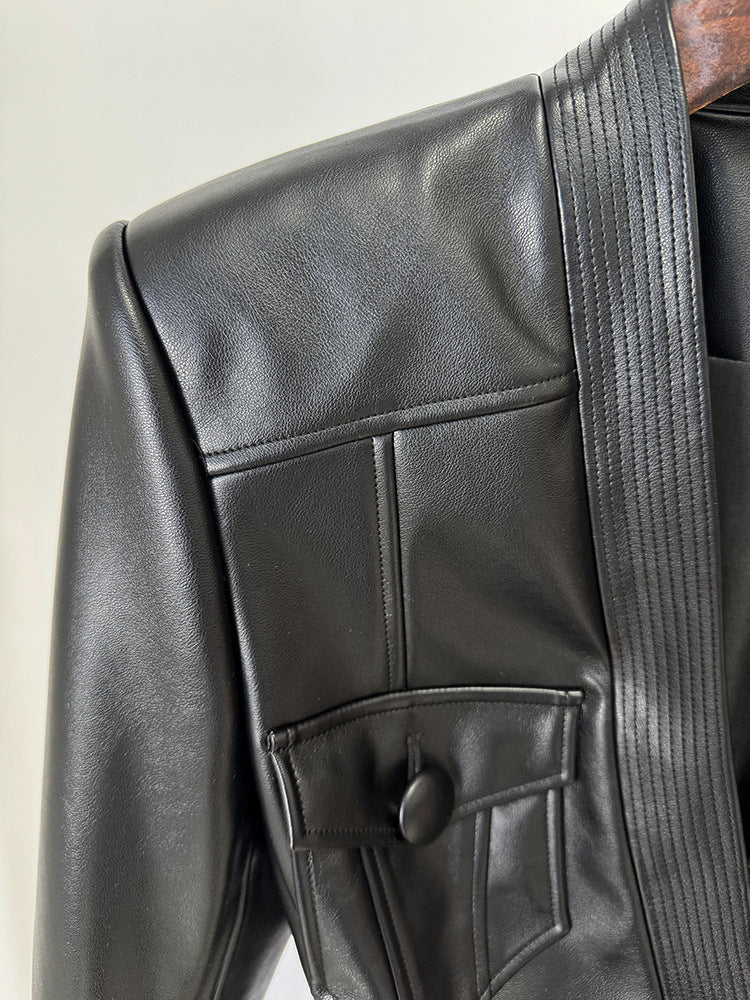 Multiple Pockets Gold Buckle Belted Leather Jacket