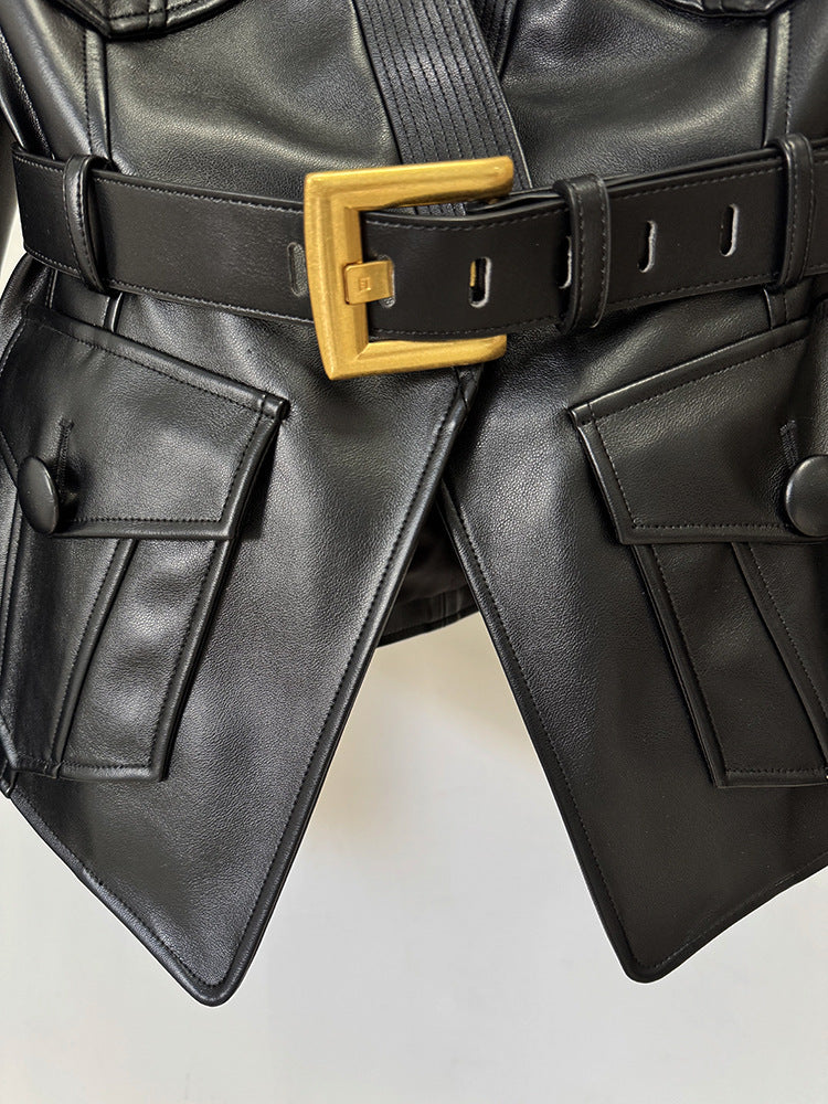 Multiple Pockets Gold Buckle Belted Leather Jacket