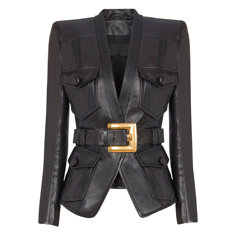Multiple Pockets Gold Buckle Belted Leather Jacket