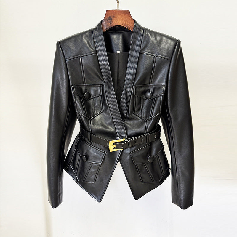 Multiple Pockets Gold Buckle Belted Leather Jacket