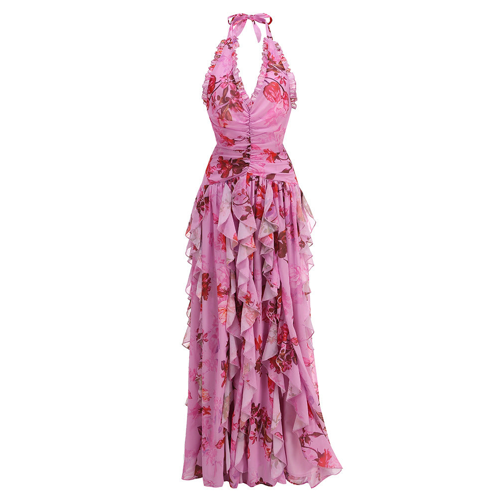 Halter Floral Ruffle Maxi Flower Dress