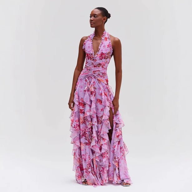 Halter Floral Ruffle Maxi Flower Dress
