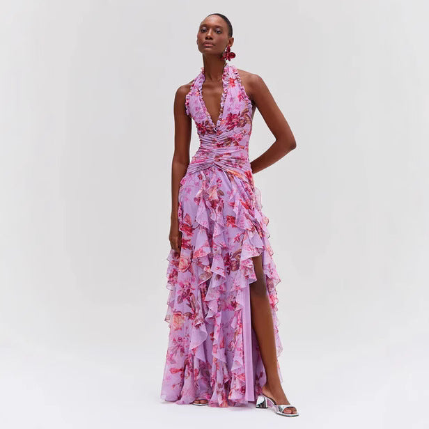 Halter Floral Ruffle Maxi Flower Dress