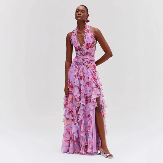 Halter Floral Ruffle Maxi Flower Dress