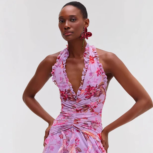 Halter Floral Ruffle Maxi Flower Dress